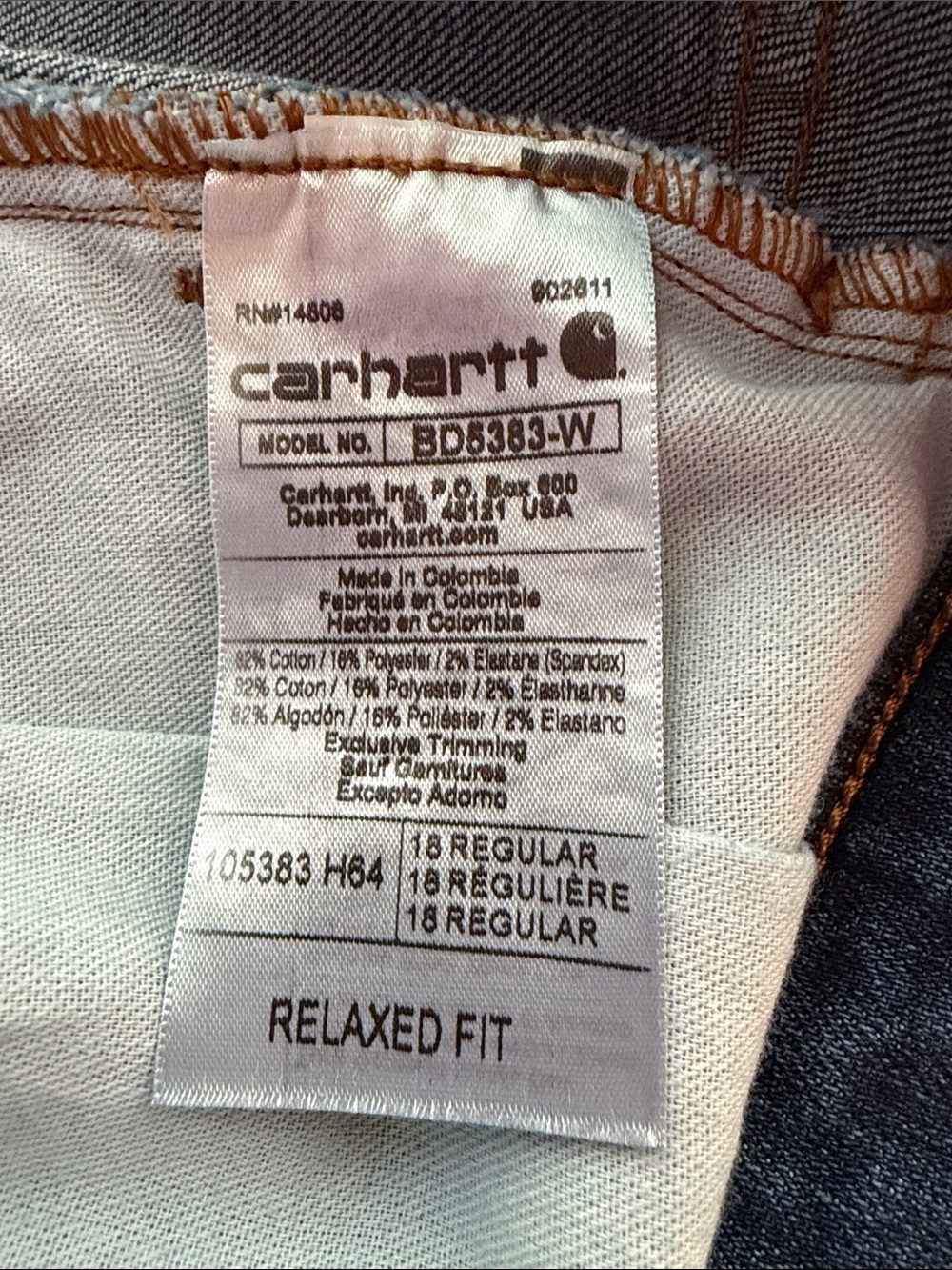 Carhartt Classic Dark Blue Relazed Fit Straight-Leg Jeans Size 18 - Picture 4 of 7